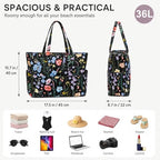 Waterproof Beach Tote Pool Bags for Women Ladies Extra Large Carry On Bag With Wet Compartment for Weekender Travel (Black Butterfly-floral)