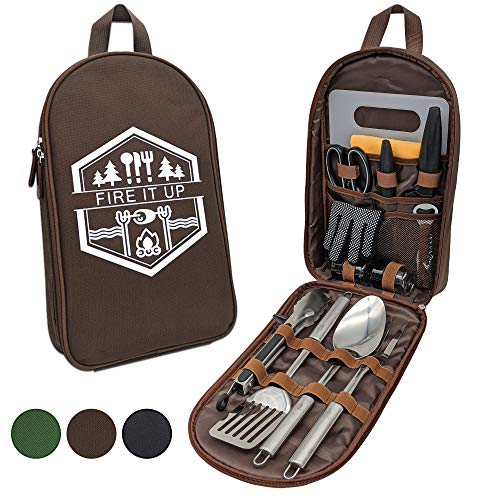 13 PC Grilling and Camping Cooking Utensils Set for The Outdoors BBQ (Brown Lite)