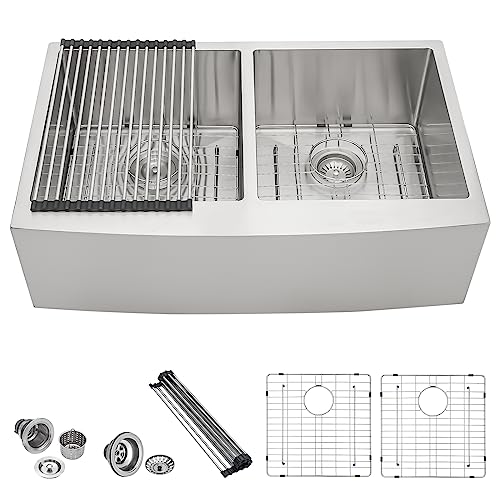 33 Inch Farmhoue Sink Double Bowl Stainless Steel Farm Kitchen Sink 16 Gauge Double Basin 50 (Stainless Steel / 33''x21''x10''-50/50)
