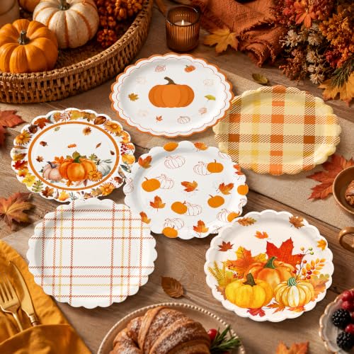 48PCS Fall Paper Plates 7 Inch Round Fall Disposable Dessert Plates (Fall)