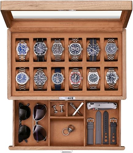 12 Slot Solid Walnut Watch Box with Valet Drawer (Walnut / Tan)