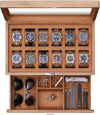 12 Slot Solid Walnut Watch Box with Valet Drawer (Walnut / Tan)