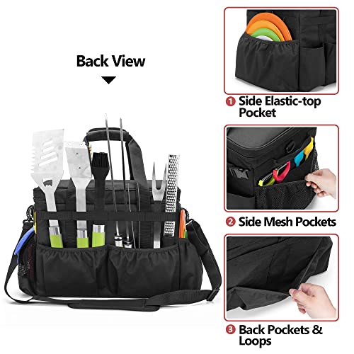 Large Grill Caddy with Lid & Paper Towel Holder & Multi Pockets (Black)