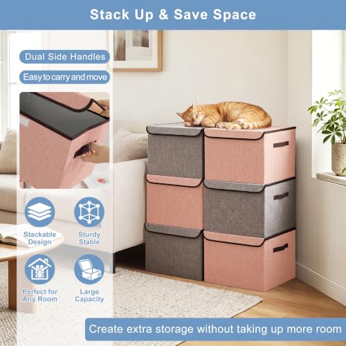 Linen Fabric Foldable Storage Cube Bin Organizer Basket with Flip (Pink & Gray / Medium - 4 Pack)