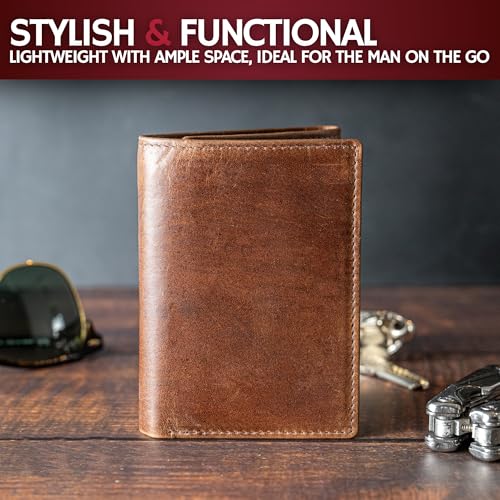 Leather Trifold Wallets For Men In Grizzly Brown with ID and RFID Blocking Great For Work (With NO Logo - Wilderness Brown)
