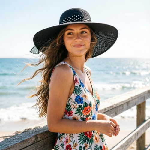 Wide Brim Sun Hat for Women Floppy Straw Hat Summer Beach Hats Fashionable Trendy Hats Sun Protection UPF 50+ (1 Pack With Polka Dot Bow: Black)