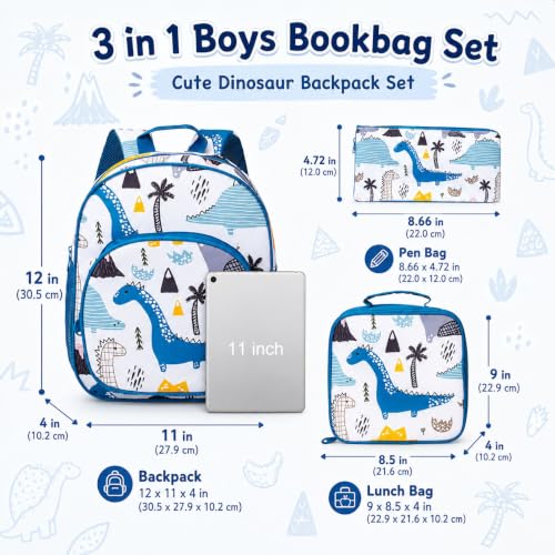 3PCS Toddler Backpack for Boys (12-inch White Dinosaur 3pc)