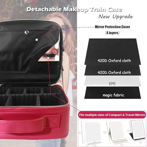 Travel Makeup Bag Cosmetic Bag Makeup Organizer Bag with Lighted Mirror (Rose Red / Woven)