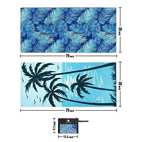2 Pack Microfiber Beach Towel (2 Pack- Blue Leaves/Coconut Tree / 75”x 35”)