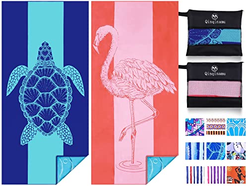 Microfiber Beach Towel with Bag Oversized 71x32 Sand Free 2 Pack (Turtle Flamingo / 71"x32")
