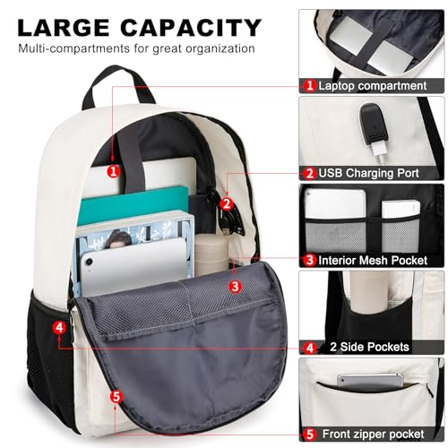 School Backpack for Teen Girls & College Women (D56-beige / 15.6 Inch)