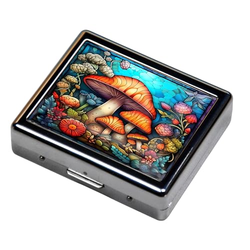 Silver Vintage Pill Box 7 Day Metal Pill Box with Mirror and 8 Compartments Cute Travel Pill Organizer for Purse (Mushroom Stained Glass)
