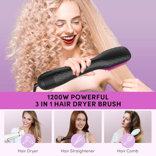 3 in 1 Hair Dryer Brush Straightener 1200W Negative Ionic Hot Air Brush One Step Blow Dryer and Styler for Straightening Drying Smoothing (Black)