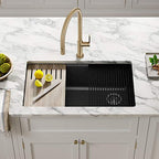 Bellucci Workstation 32 in. Undermount Granite Composite Single Bowl Kitchen Sink in Metallic Black with Accessories with WasteGuard™ Continuous Feed Garbage Disposal (Black / 32 Inch / Sink and Garbage Disposal 3/4 HP)