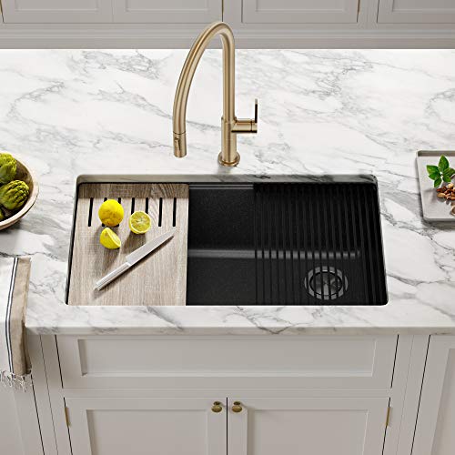 Bellucci Workstation 32 in. Undermount Granite Composite Single Bowl Kitchen Sink in Metallic Black with Accessories with WasteGuard™ Continuous Feed Garbage Disposal (Black / 32 Inch / Sink and Garbage Disposal 3/4 HP)