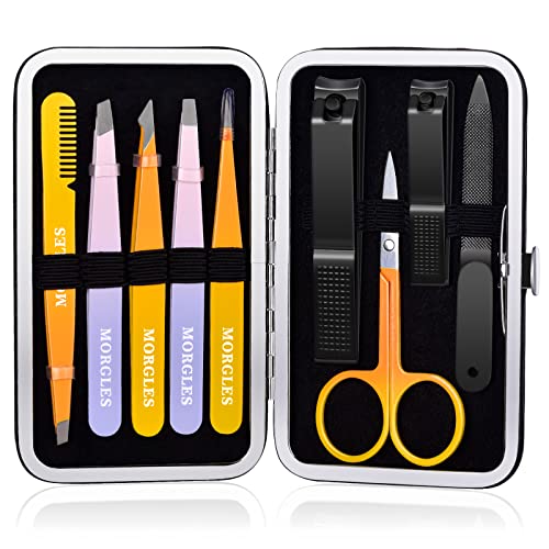 Tweezers Set 9 Pcs Colorful Nail Clipper Kit with Case for Grooming (A-multicolored)