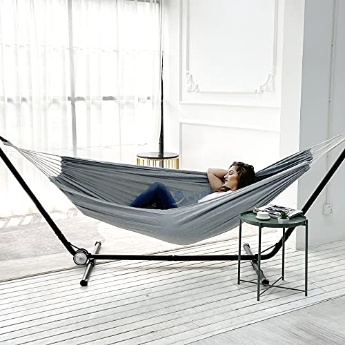 Cotton Camping Hammock Portable with Tree Straps Holds 660lbs (Grey)