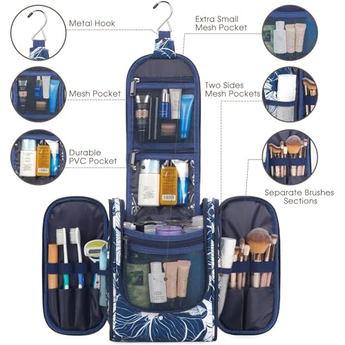 Hanging Travel Toiletry Bag for Women (B-Blue Lotus / Medium)