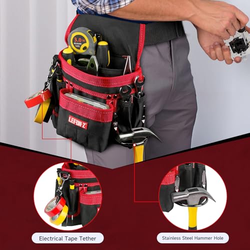 Tool Belt,14-Pockets Tool Belts for Men with Magnetic Tool Pouch (Black&red)