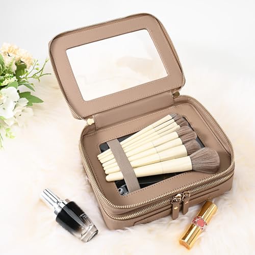 Large Clear Makeup Bags (Taupe / Dual Layer)
