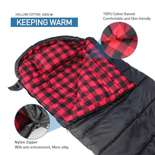 0 Degree Sleeping Bag Cotton Flannel Winter Cold Weather for Adults XXL Sleeping Bag 4 Season Big and Tall with Pillow Compression Sack (Black_R)