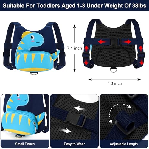 Toddler Harness with Leash (Navy Blue/Light Blue Textured Brachiosaurus, Blue Link)