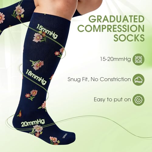 Plus Size Compression Socks for Women 3 Pairs Viscose for Bamboo Wide Calf 15 (3X-Large / 3 Pair-flower)