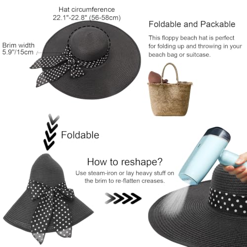 Wide Brim Sun Hat for Women Floppy Straw Hat Summer Beach Hats Fashionable Trendy Hats Sun Protection UPF 50+ (1 Pack With Polka Dot Bow: Black)