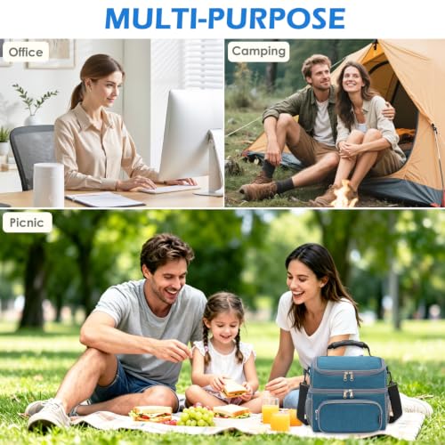 Double Layer Cooler Insulated Lunch Bag Adult Lunch Box Large Tote Bag for Men (Lake Blue)