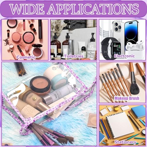 12 Pieces Clear Makeup Bag PVC Portable Travel Makeup Cosmetic Toiletry Zippered Pouches Waterproof Vinyl Plastic Large Clear Organizer Storage Case (12pcs Purple L)