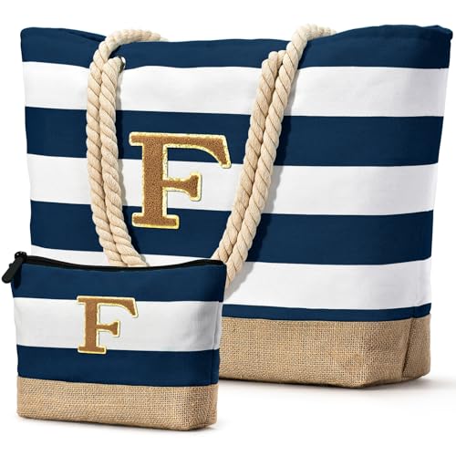 Beach Bag Initial Beach Tote with Makeup Bag for Travel Work Storage Personalized Birthday Gifts for Women Her (Dark Blue 2 Pcs / F)