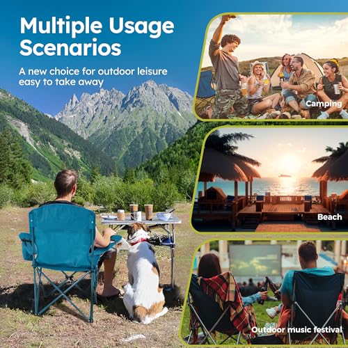 2 Pack Folding Camping Chair with Cooler Bag & Lumbar Support (Blue)