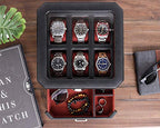 6 Slot Leather Watch Box with Valet Drawer (6 Slot - Black / Red)