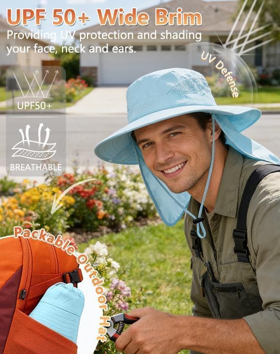 UPF 50+ Wide Brim Sun Hat with Neck Flap (1pack-blue)