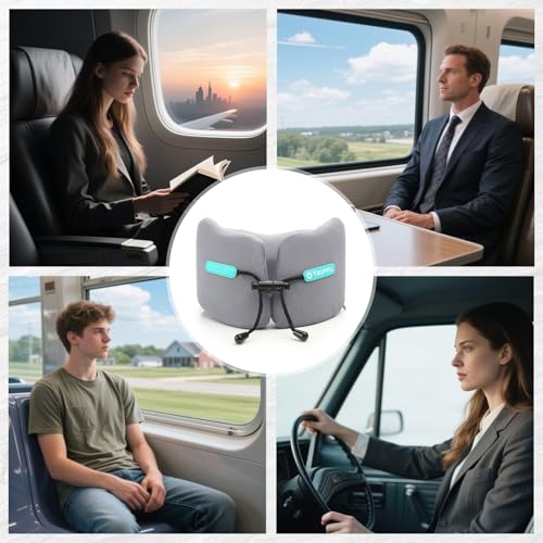 Travel Pillow Upgraded Airplane Neck Pillows Chin Support Adjustable Memory Foam Travel Essentials for Car Home Office Headrest Sleep with with Eye Masks Earplugs and Luxury Bag (Gray-blue / Medium)