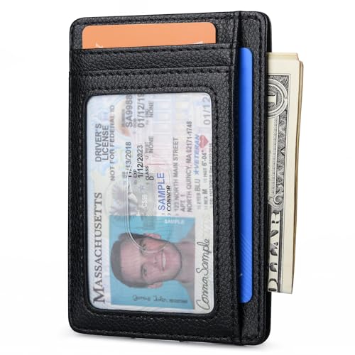 Slim Minimalist Front Pocket RFID Blocking Leather Wallets for Men and Women (Small / Lichee Black)