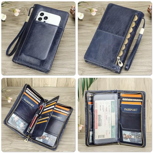 Top Grain Leather Travel Passport Wallet Holder for Man & Woman (For 4 Passports-Zipper Style / Classic-Glossy Blue)