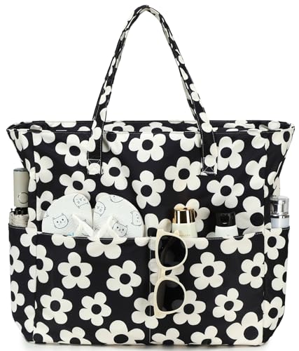 Waterproof Beach Tote Pool Bags for Women Ladies Extra Large Gym Tote Carry On Bag With Wet Compartment for Weekender Travel (Beige Flower With Black Background)