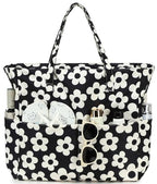 Waterproof Beach Tote Pool Bags for Women Ladies Extra Large Gym Tote Carry On Bag With Wet Compartment for Weekender Travel (Beige Flower With Black Background)