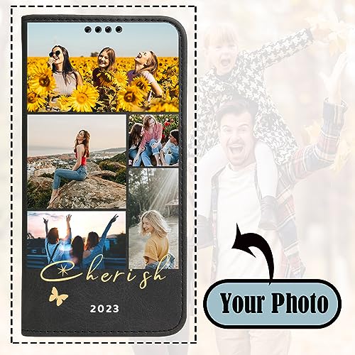 Personalized Flip Wallet Phone Case for Apple iPhone 17 16 15 14 Pro Max Plus 13 Mini 12 11 XR XS X 8 7 SE 2020 with Photo Picture Image Text Name (Black-G)