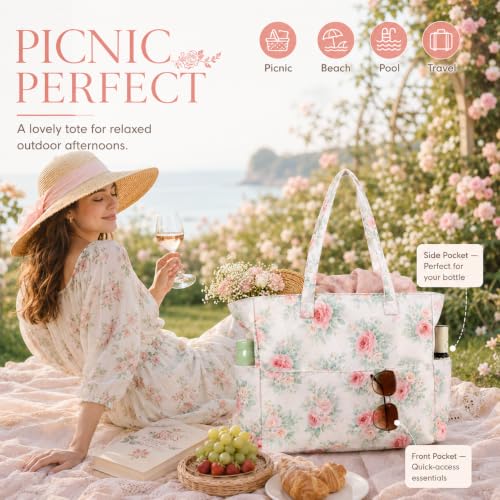 Beach Bags for Women (Pink Peony Floral Beige)