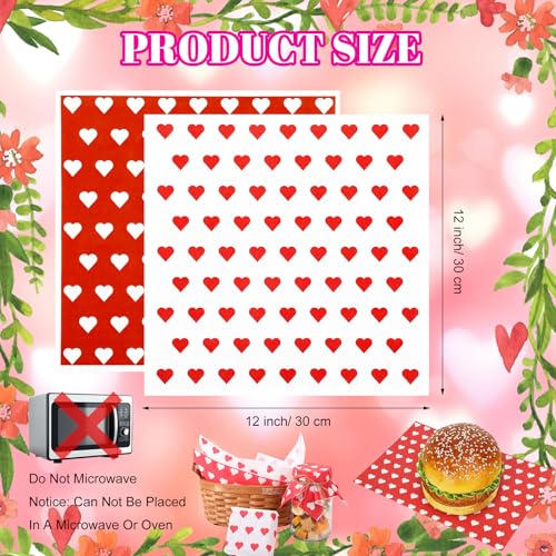 100 Pcs Valentine's Day Wax Paper Sheets for Food Wrapping (Red, White / Classic)