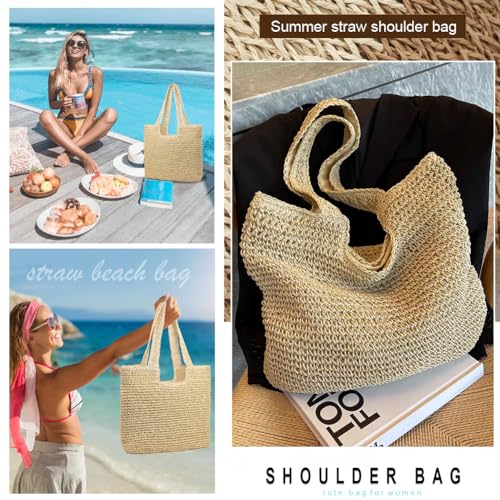 Straw Beach Bags for Women Straw Woven Beach Tote Bag Casual Boho Large Shoulder Handbags Purse for Vacation Holiday Picnic (E Beige)