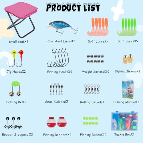 Kids Fishing Pole Set (Pink Pole Set with Folding Stool / 4.9 ft)