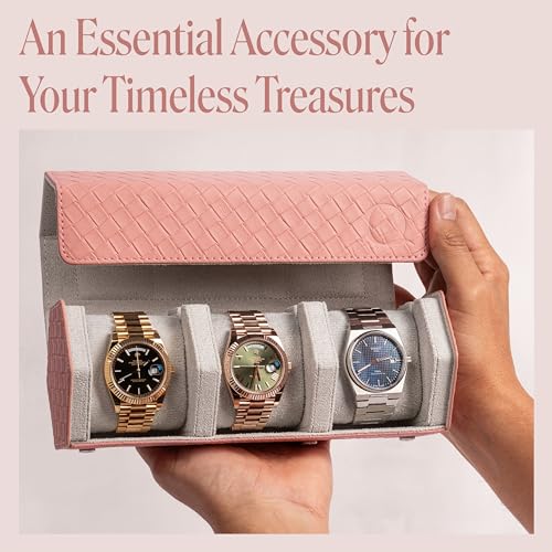 Ladies Leather Watch Roll Travel Case for 3 Watches (3 - Woven Pink / Gray)