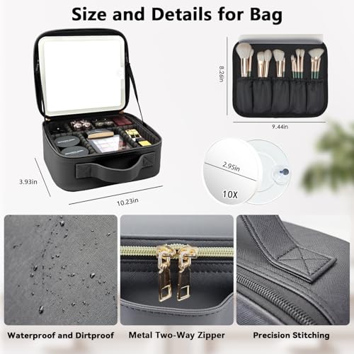 Travel Makeup Bag with LED Mirror and 10x magnifying glass with 3 Lighted Settings (Black / With LED Mirror and 10x Magnifying Glass)