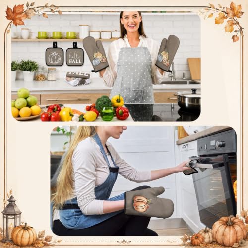 10 Pcs Fall Pumpkin Kitchen Decor Set Kitchen Towels Pot Holders Oven Mitts and Rugs Set Thanksgiving Towels for Baking Cooking BBQ Autumn Home (Light Brown / Minimalist Style Pumpkin)