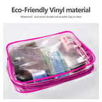 3Pcs Crystal Clear PVC Travel Toiletry Bag Kit for Women Men (1 Large, 1 Medium, 1 Small-Hot Pink / 3 Piece Set)