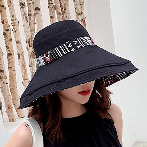 Women Summer Wide Brim Sun Hat Bucket Fishing Hats UV Protection (Medium / Qf001-black)