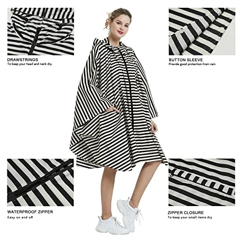 Rain Poncho Jacket Coat Hooded Zipper Style for Women (One Size / Black/White Stripes)